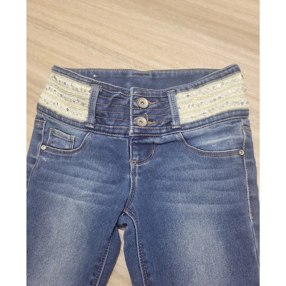 SQZ Girls Blue Sequin Waist Skinny Jeans Medium Wash Size 8 High Rise Stretch